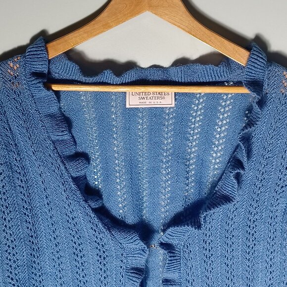 Vintage Knit Cardigan Sweater Womens Large Blue Cottagecore Ruffles Feminine - Picture 2 of 9
